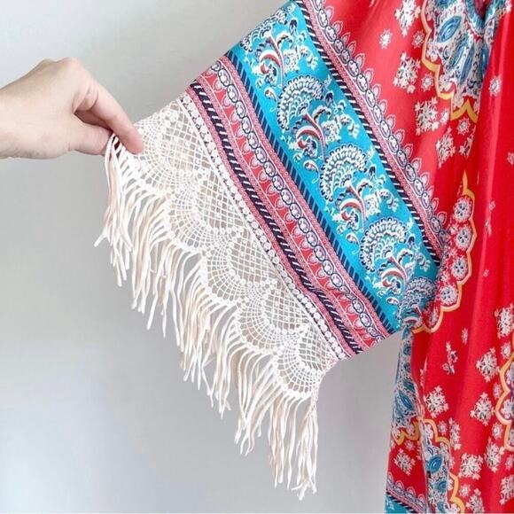Umgee Colorful Medallion Print Fringe Open Kimono Cover-Up NWT - Picture 4 of 8